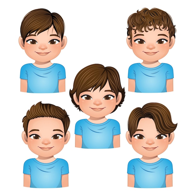 Vector set of hairstyle for boys boys faces avatars brown hair kid heads different hairstyle vector