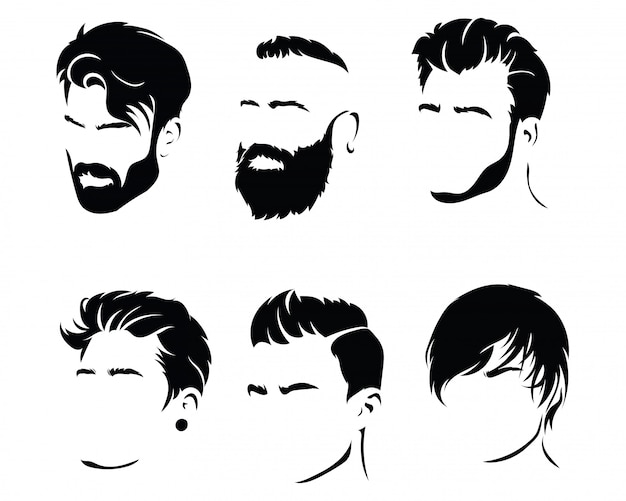 Vector set of hairstyles for men. collection of black silhouettes of hairstyles and beards.