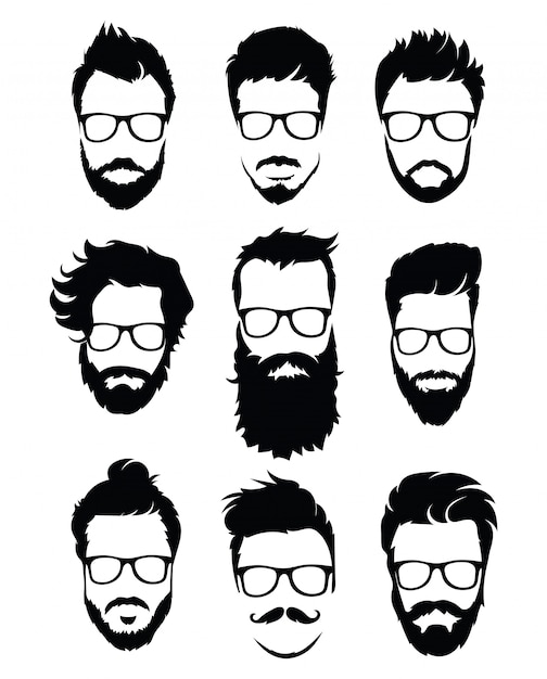 Set of hairstyles for men in glasses. collection of black silhouettes of hairstyles and beards.