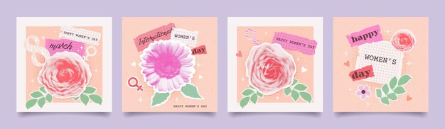 Vector set of halftone collage greeting cards for international womens day halftone sticker flowers