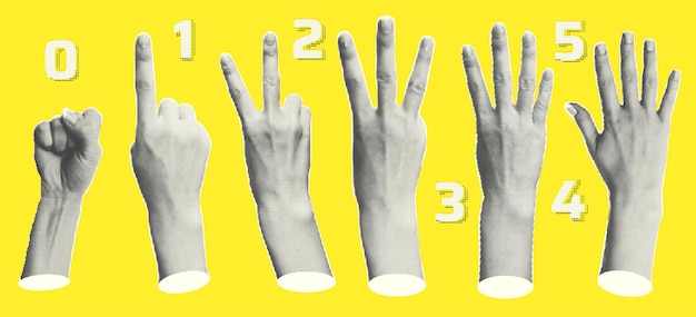 Set halftone statue hands showing gestures counting from zero to five isolated yellow background Trendy creative collage elements Cut magazine style Contemporary art Modern design Vector illustration
