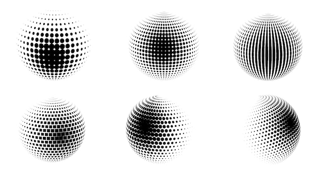 Set of halftone volumetric spheres collection of 3d spheres halftone design elements vector illustration