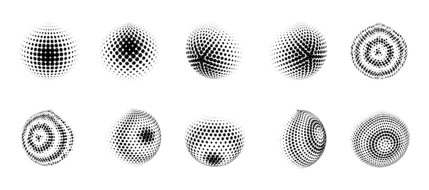 Set of halftone volumetric spheres Collection of 3d spheres Halftone design elements Vector illustration