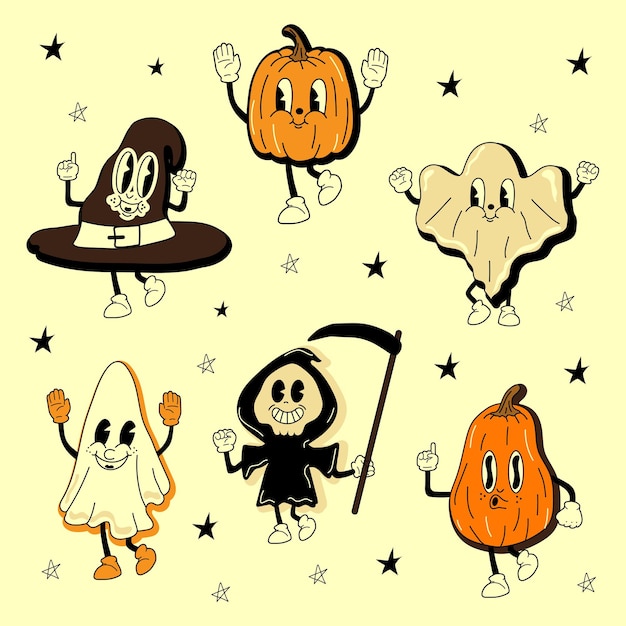 Set of halloween 30s cartoon mascot character 40s 50s 60s old animation style Cartoon cheerful