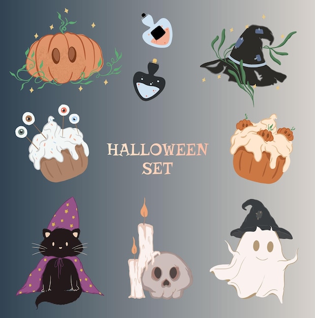 ハロウィーン属性のセット。カボチャ、ポーション、帽子、コウモリ、猫、幽霊、頭蓋骨。