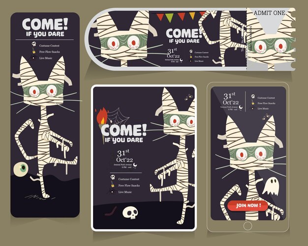 Set of halloween banner invitation and ticket with mummy ghost cute cat illustration