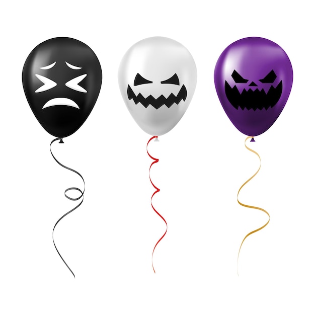 Vector set of halloween black white and purple balloons with scary and funny faces