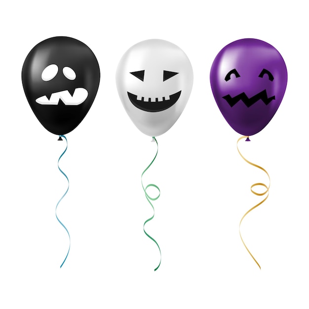 Set of Halloween black white and purple balloons with scary and funny faces