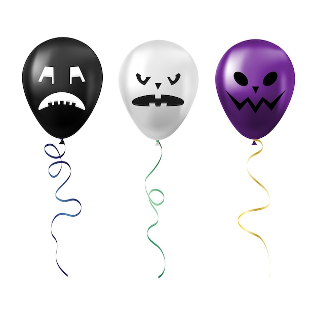 Set of Halloween black white and purple balloons with scary and funny faces