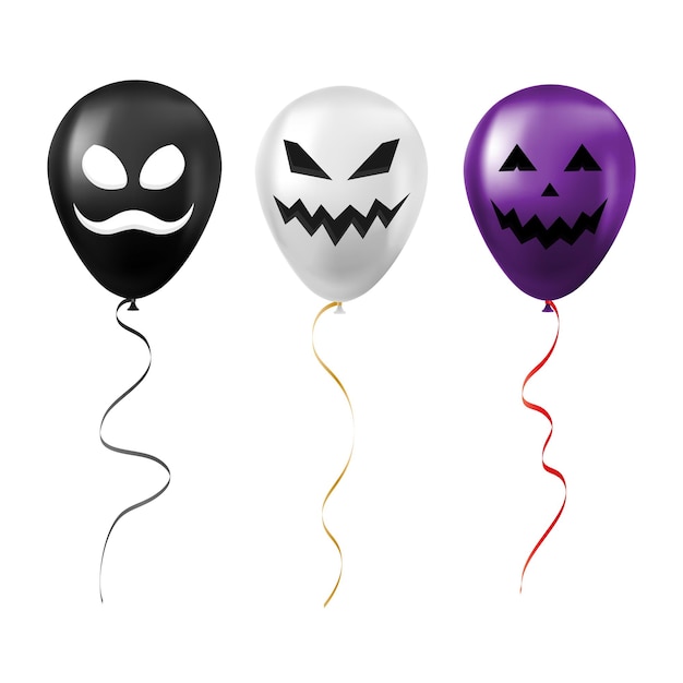 Vector set of halloween black white and purple balloons with scary and funny faces