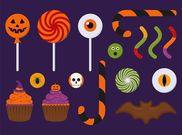 Set di caramelle di halloween per bambini dolcetto o scherzetto illustrazione vettoriale in stile piatto