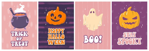 Set of Halloween cards, Halloween posters with groovy quotes and doodles