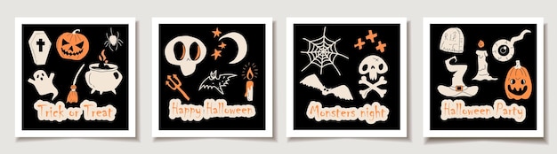 Set of Halloween cards with Set of four halloween Traditional Doodle Icons Greeting cards