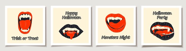 Set of Halloween cards with Set of four Vampire mouth with fangs set Greeting cards