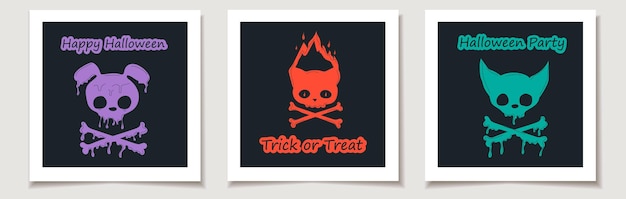 Set of Halloween cards with Set of three Skulls kitty bad bunny Burning skull