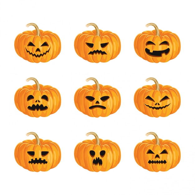 Set of halloween cartoon pumpkins, scary faces.