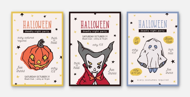 Vettore set di modelli di invito a una festa per la celebrazione di halloween, volantini o poster con personaggi spaventosi e spettrali: lanterna, vampiro e fantasma