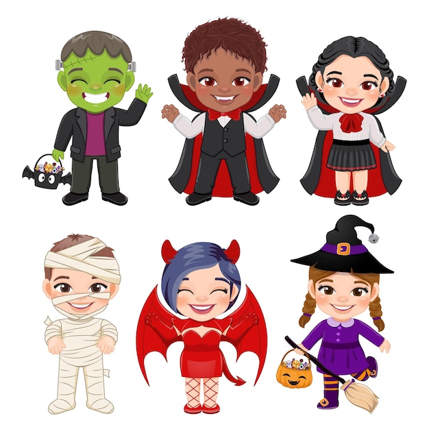 Набор детских мультяшных персонажей на Хэллоуин Дети в разных костюмах на Хэллоуин с Мумией Вампирской Ведьмой Дьяволом Франкенштейном Дракулой Вектором