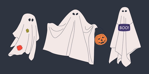 Set of halloween cloth ghosts. Halloween scary ghostly monsters, spirits with nameplate, patch.