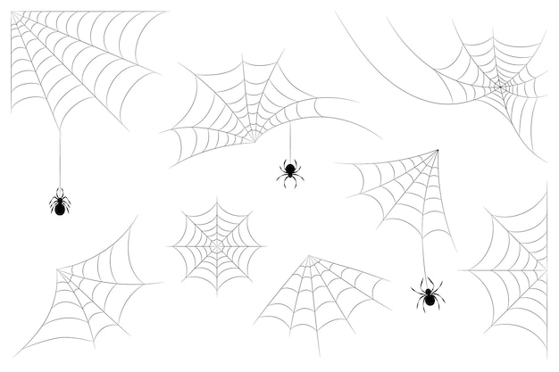 set of halloween cobwebs with spiders black silhouette