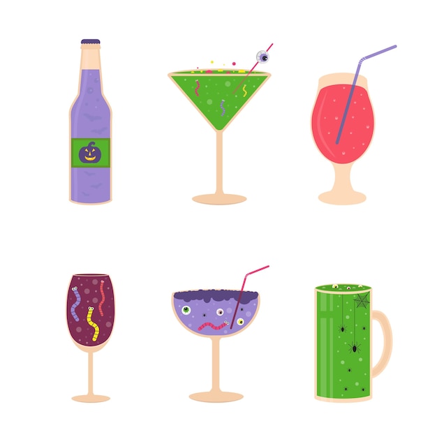 Vector set of halloween cocktail icons spooky drinks with eyeballs sp