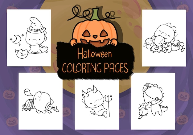 Set of Halloween Coloring Pages. Collection of Outline Halloween Dino Clipart.