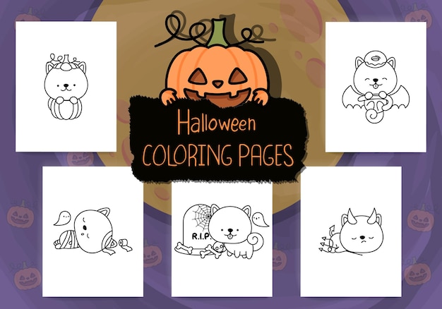 Set di pagine da colorare di halloween. raccolta di clipart di cane di halloween di contorno.