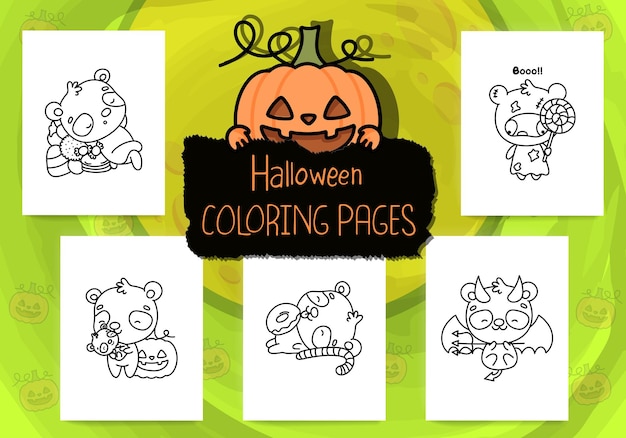 Set of Halloween Coloring Pages. Collection of Outline Halloween Panda Clipart.