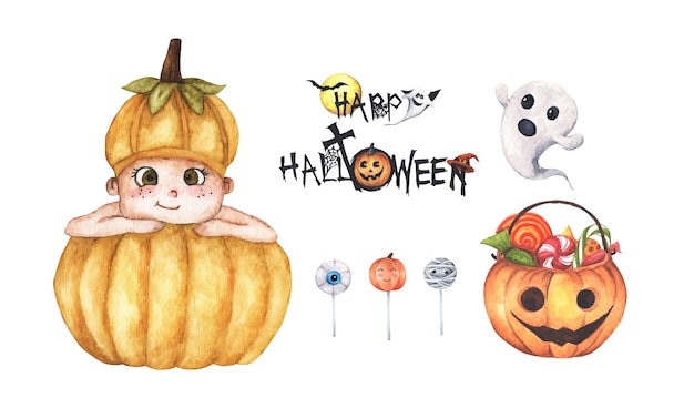 Set of Halloween decorations. Watercolor elements on a white background.