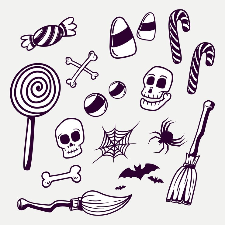 Set halloween design elements doodle black
