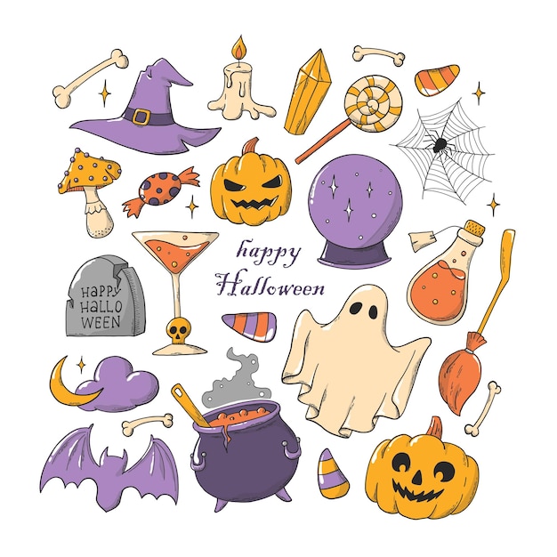 set of Halloween doodles isolated on white background for stickers, clipart, prints, planners