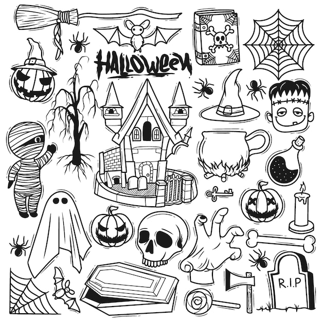 Set halloween element hand drawn doodle