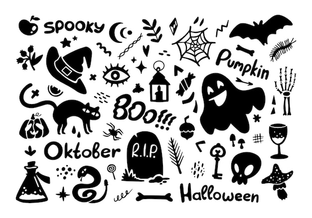 Set of halloween elements black silhouette collection funny illustration isolated on white