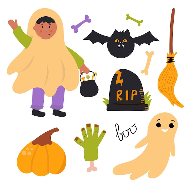 Набор элементов Хэллоуина Симпатичные плоские иллюстрации Дизайн детской