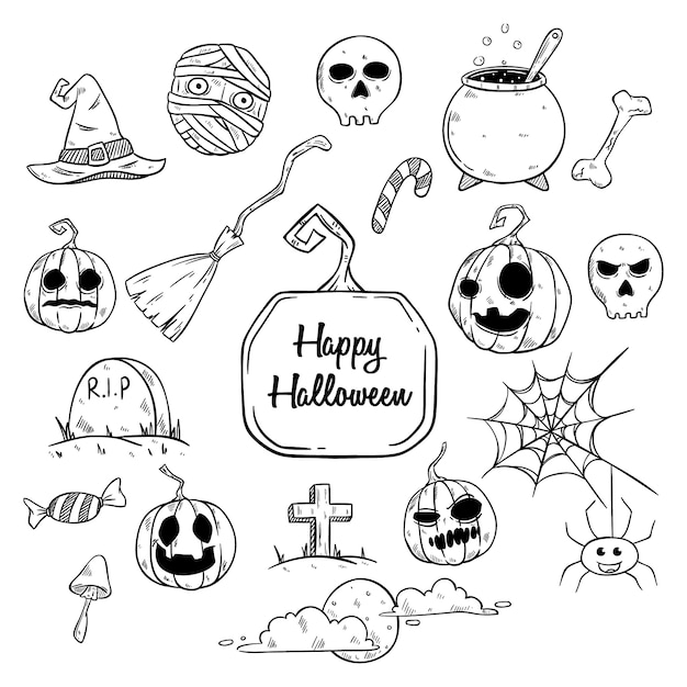 Set of Halloween Elements or Illustration With Hand or Sketch Style