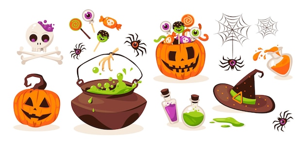 A set of Halloween elements pumpkins candy potion spiders spider web witch hat skull bones