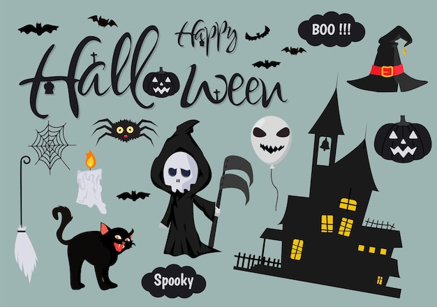 Set Halloween Elements Vector Illustration with Various Kinds of Things like Ghosts Pumpkins Skulls Candies and More Cartoon Background Templates