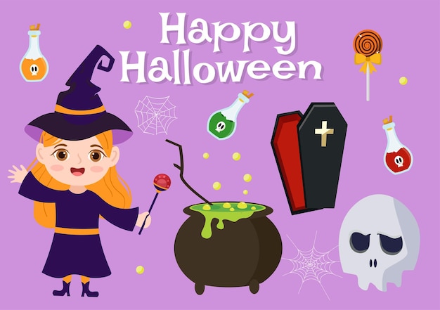 Set Halloween Elements Vector Illustration with Various Kinds of Things like Ghosts Pumpkins Skulls Candies and More Cartoon Background Templates