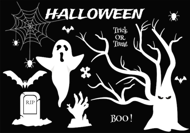 Set Halloween Elements Vector Illustration with Various Kinds of Things like Ghosts Pumpkins Skulls Candies and More Cartoon Background Templates