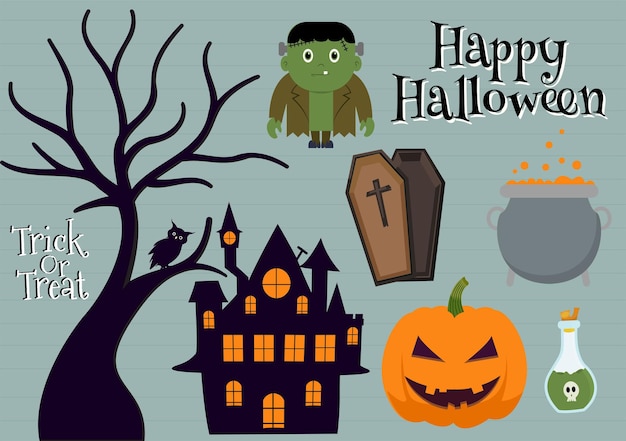 Set Halloween Elements Vector Illustration with Various Kinds of Things like Ghosts Pumpkins Skulls Candies and More Cartoon Background Templates