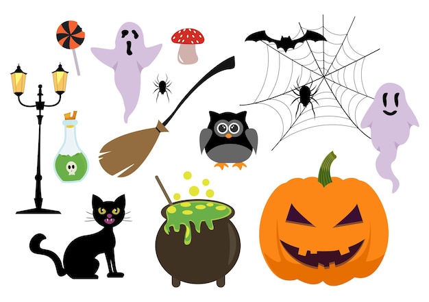 Set Halloween Elements Vector Illustration with Various Kinds of Things like Ghosts Pumpkins Skulls Candies and More Cartoon Background Templates