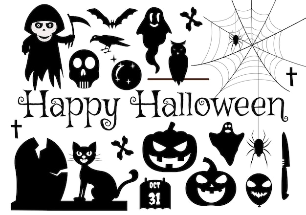 Set Halloween Elements Vector Illustration with Various Kinds of Things like Ghosts Pumpkins Skulls Candies and More Cartoon Background Templates