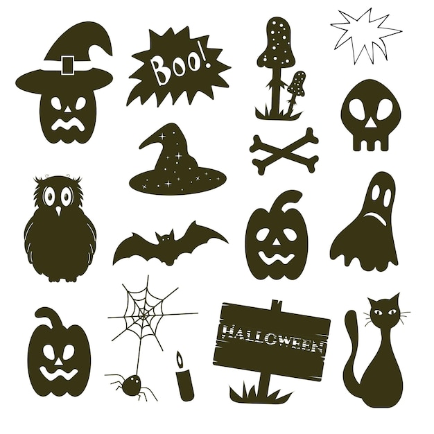 Набор элементов Хэллоуина с черепом и костями, тыква, мухомор, речь, пузырь, сова, летучая мышь, кошка, ко