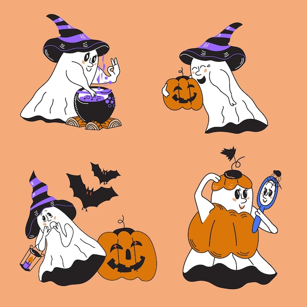 Set of Halloween ghosts funny and cute characters vector isolated illustration Halloween scary ghost spirits with pumpkin monster for prints and party posters