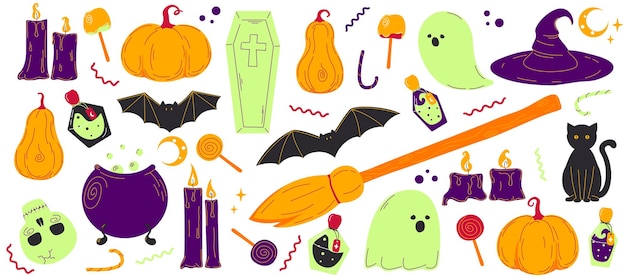 Set Halloween grafische elementen pompoenen, geesten, kaarsen, drankjes, kattensnoepjes en anderen