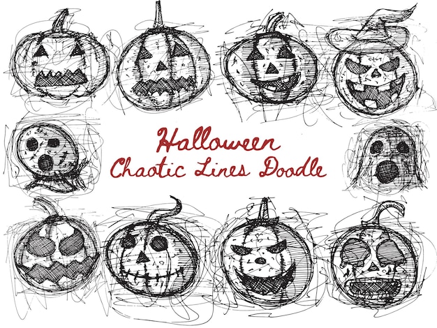 Set of Halloween Hand Drawn Evil Pumpkin Doodles.