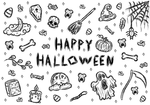 set of Halloween hand drawn scary elements doodle sketch with black happy Halloween font