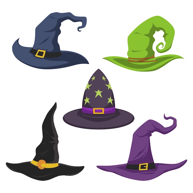 Vettore imposta il design del modello della strega del cappello di halloween