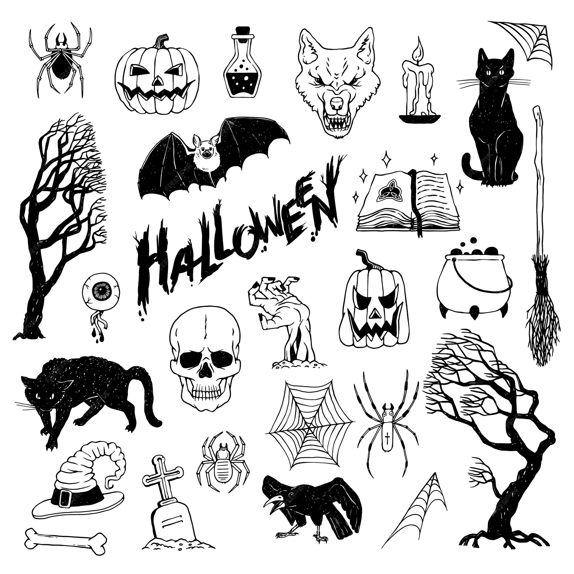 Premium Vector, Set halloween drawing of halloween objects in black and  white