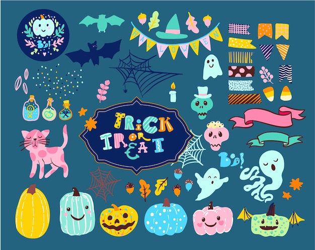 Set of halloween illustrations ghosts, pumpkins, horror, bats in vintage style. Trick or treat.